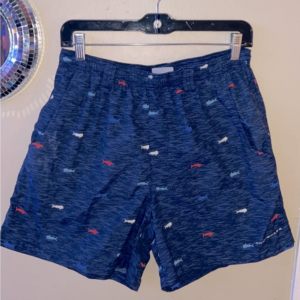 Columbia Mens Omni Shade Fish Print Blue Lined Swimming Trunks Shorts Size M
